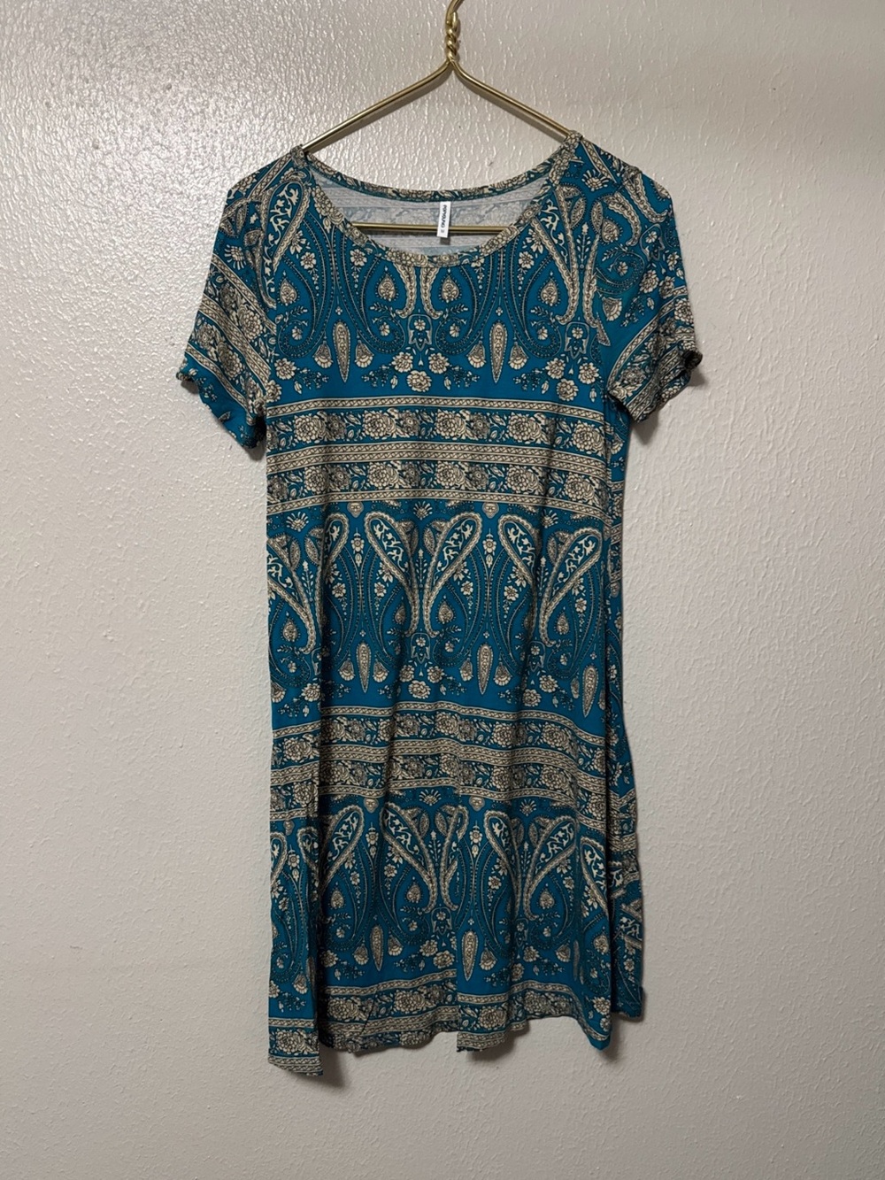Popyoung Medium Teal & Cream Paisley Short Sleeve Casual Dress